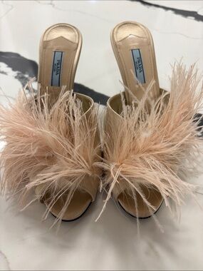Prada Feather-Trim Slide Sandals in Blush Pink